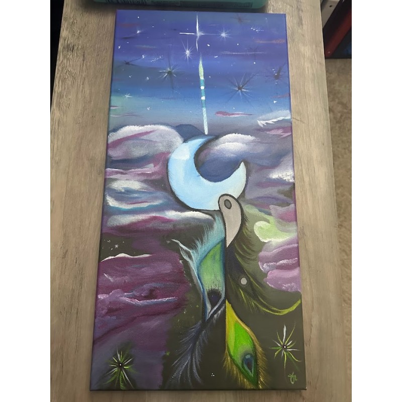 photo of canvas oil painting moon catcher, purples and blues
